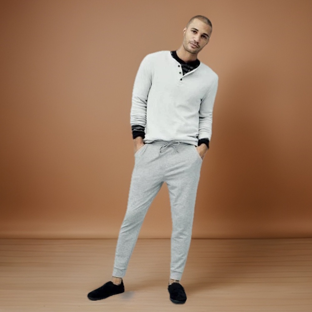 George Men's Long Sleeve Thermal Henley Shirt- Cream W/Buttons Everyday Style